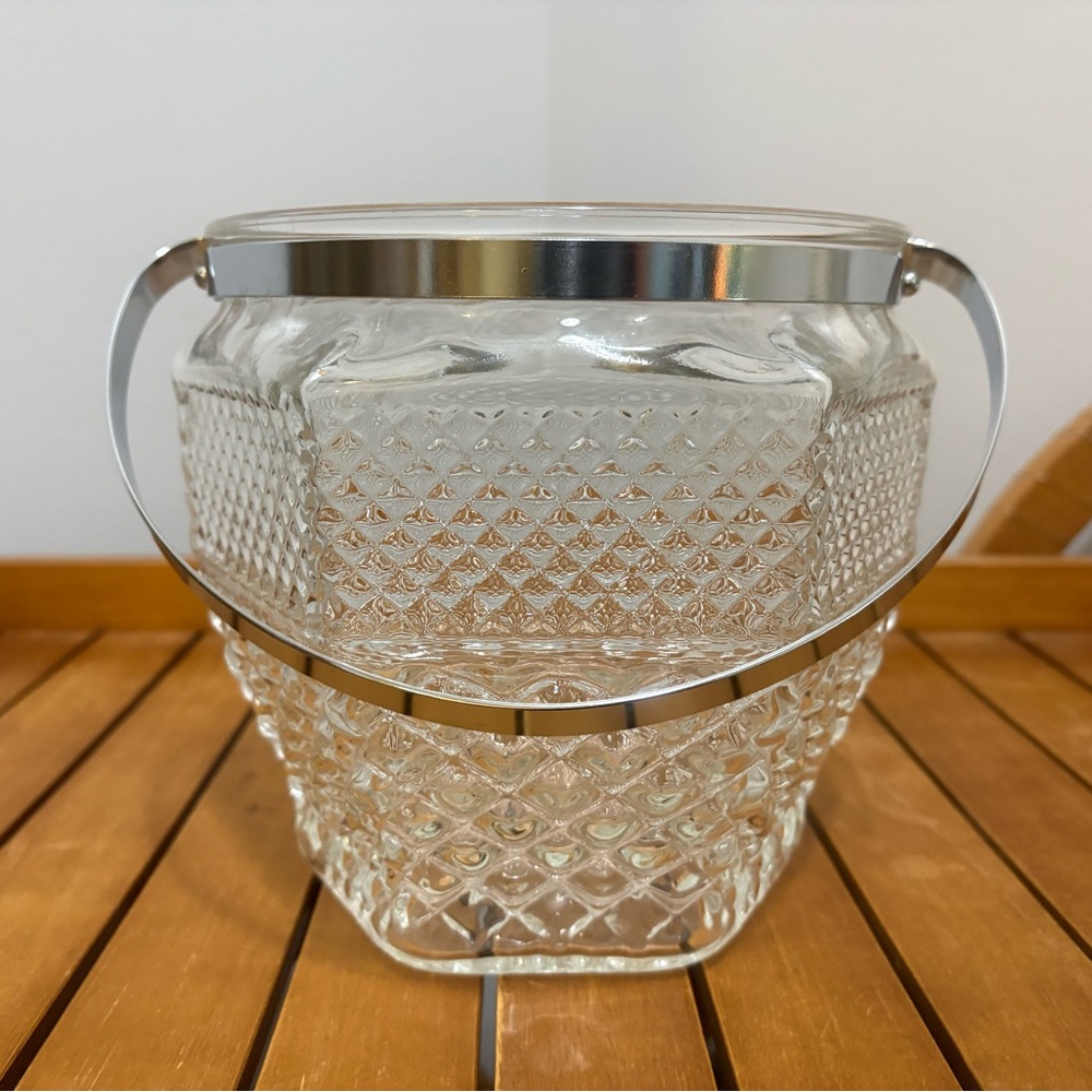 Vintage Anchor Hocking Glass Ice Bucket with Silver Accents